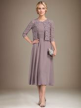 A-line Scoop Tea-Length Chiffon Mother of the Bride Dress With Pleated